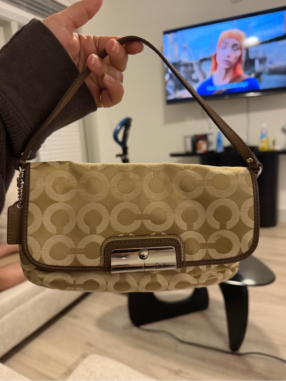 Coach Beige Signature Canvas Shoulder Bag with Brown Trim